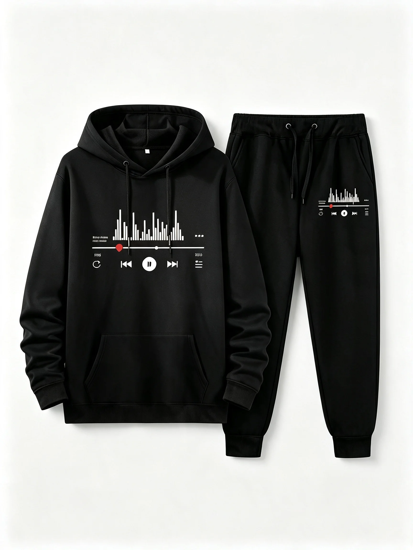 2026Men's music player printed hooded sweatshirt and sweatpants set for spring, autumn and winter, men's clothing