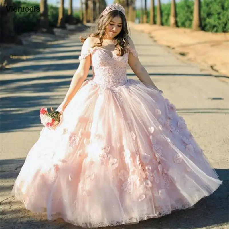 

Светло-розовое бальное платье принцессы, платья Quinceanera, 2021, с открытыми плечами, аппликациями, цветами и блестками, праздничное платье Sweet 16, пышное платье