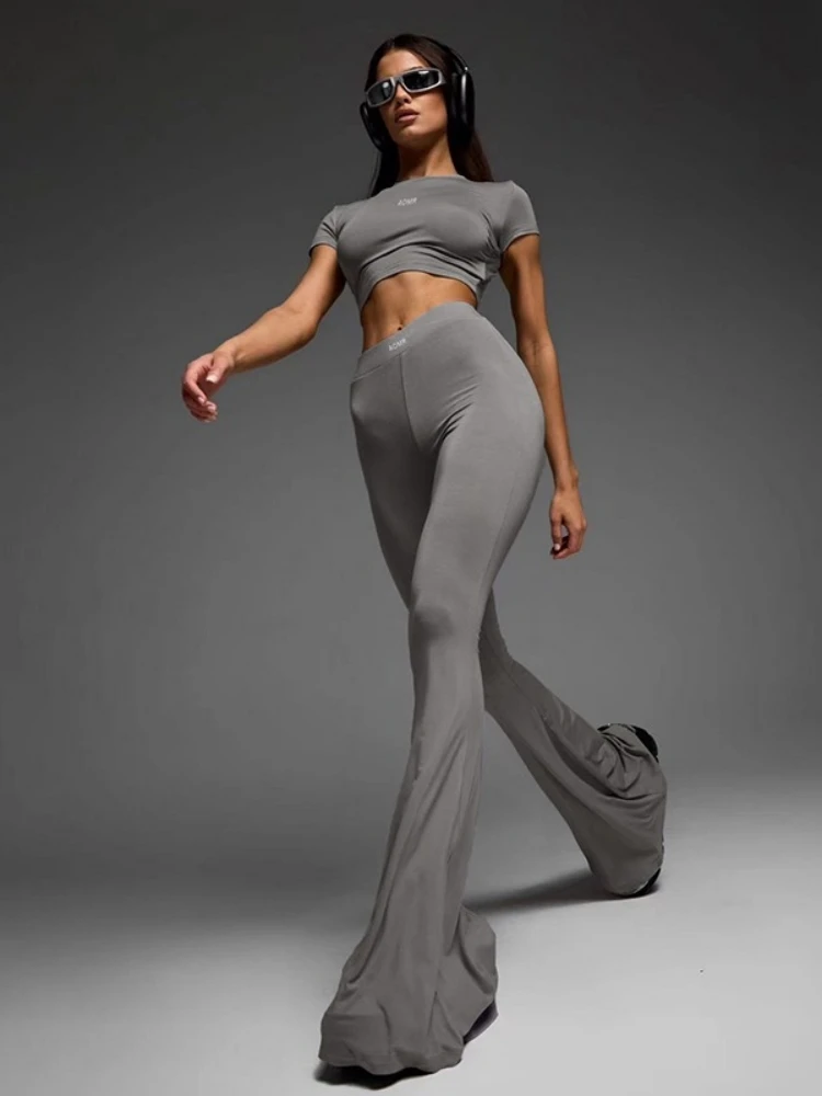 Manga curta colheita superior alargamento calças conjunto bodycon conjuntos feminino elegantes sexy conjunto de duas peças feminino streetwear conjunto femme