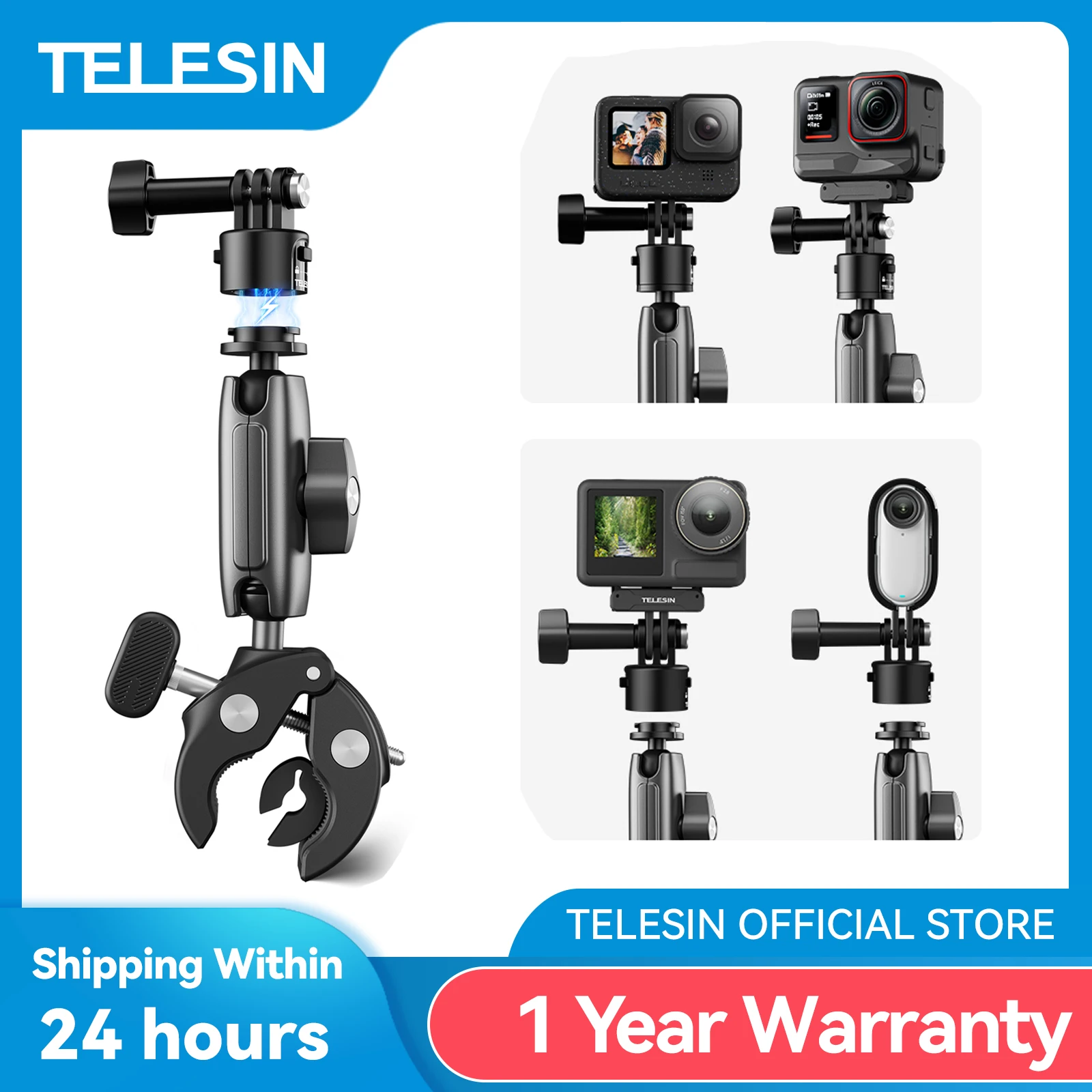 TELESIN Quick Release Cycling Motorcycle Clip Magic Arm 360° Aluminum Alloy Super Clamp 1/4\