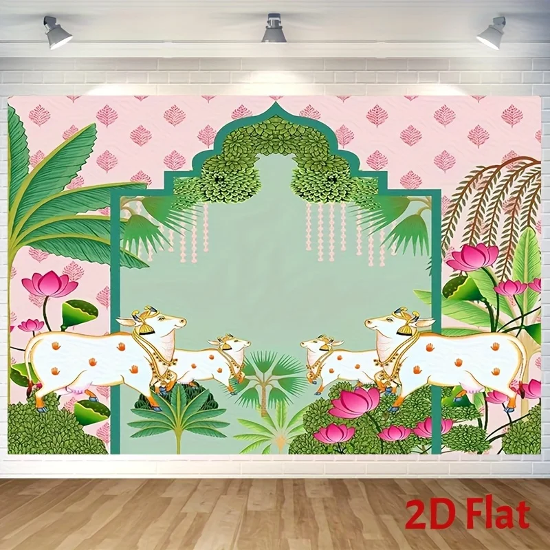 خطة ثنائية الأبعاد، قطعة واحدة، خلفية بقرة وردية ولوتس وردية - تصميم أنيق من الزهور الخضراء والوردية