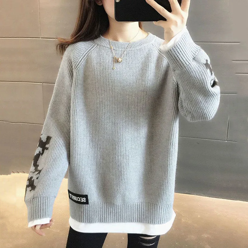 New Women's Fake Two Sweater Coat Autumn Winter Burst Bottoms Knitwear Loose Korean Female Pullover Knit Sweaters Outerwear