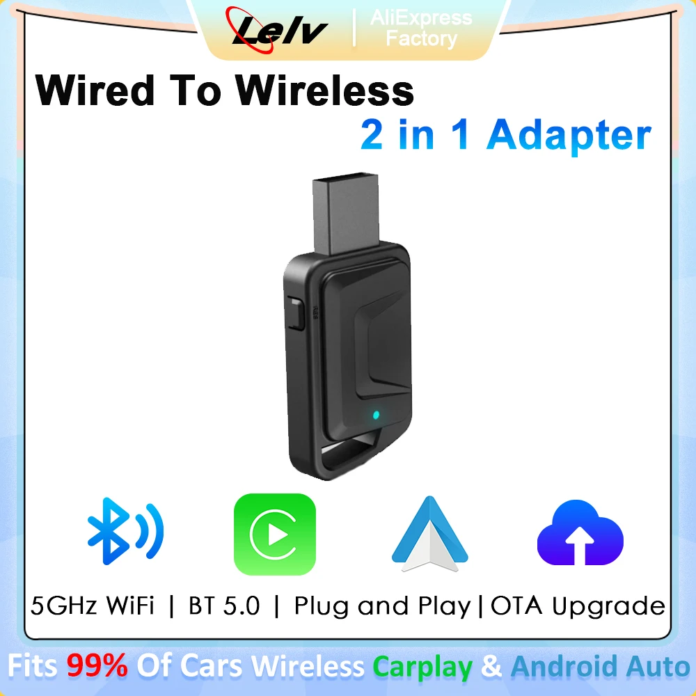 Lelv C-A-4 CarPlay Android Auto A2A Adapter Wired To Wireless For Audi Toyota Mazda Nissan Chevrolet Suzuki Subaru Kia Ford Opel