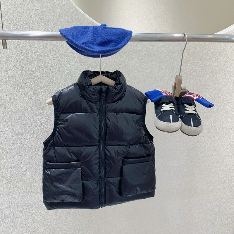 Kids Down Vest Autumn Winter Stand Collar Sleeveless Solid Warm Waistcoat Big Pockets Boys Girls Casual Coats