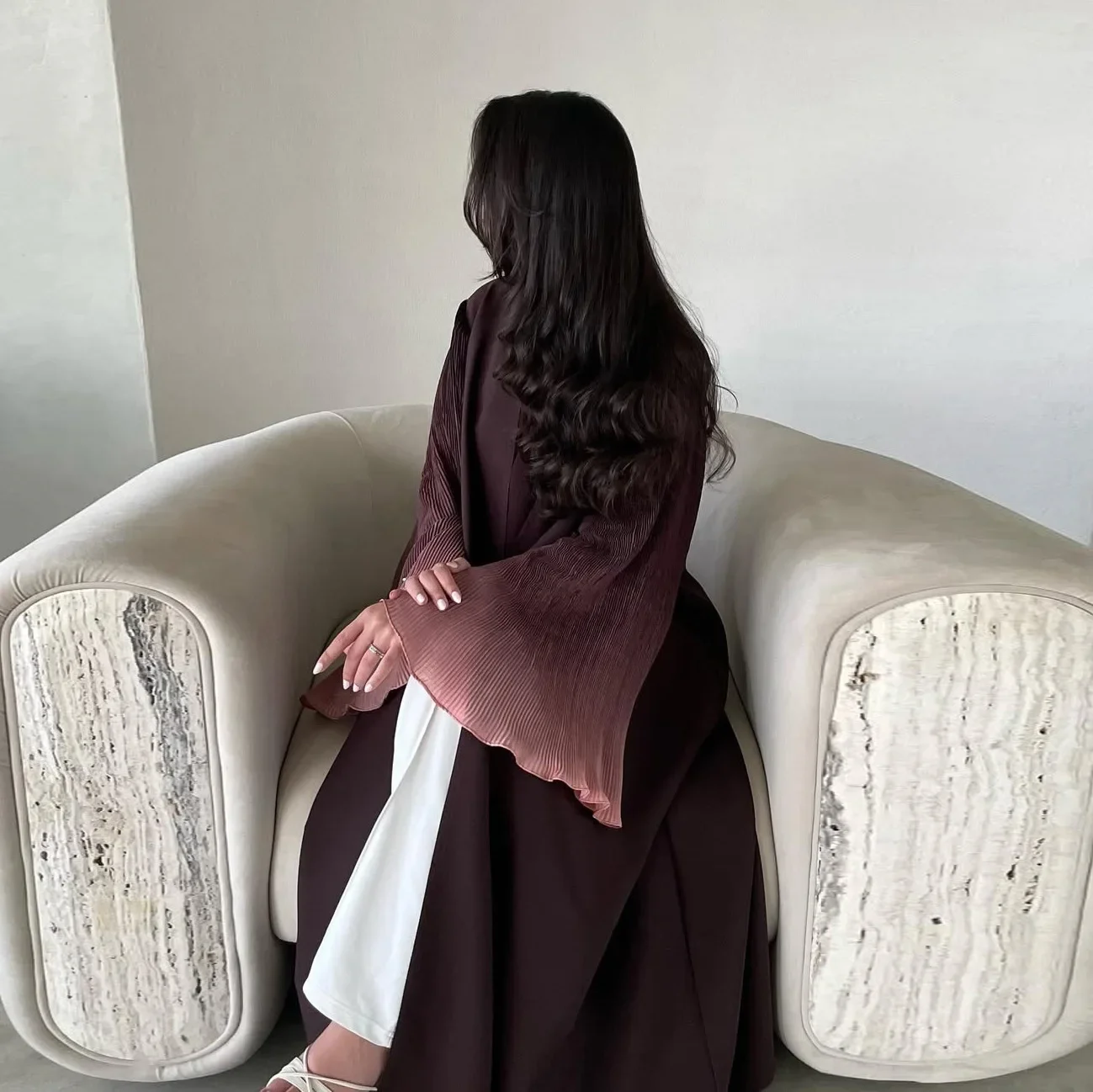 

Robe Arab Dubai Chiffon Pleated Flare Sleeves Muslim Women Long Loose Maxi Dress Color Matching Jacket Abaya Robe