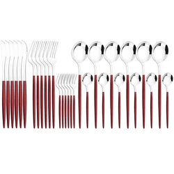 30pcs Red Silver Dinnerware Set Western Stainless Steel Cutlery Set Dinner Spoons Cake Fork Knife Tableware Set Kitchen Flatware