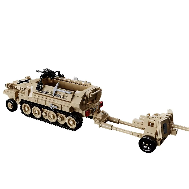 World War 2 Army Military Soldiers German Half Tracked Armor Vehicle Trailer Assemble Building Blocks WW2 Bricks Kids Toys Gift