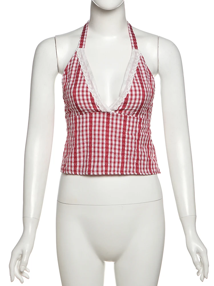 Macheda Y2K スイートスタイル 2 点セット女性ストライププリント包帯ホルターレースローネック背中の開いたベスト + シャーリングふわふわ裾ショーツスーツ