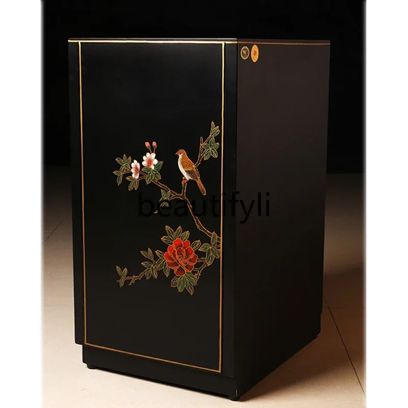 

New Chinese furniture bone stone inlaid with flowers and birds on a black background single door cabinet storage small cabinet