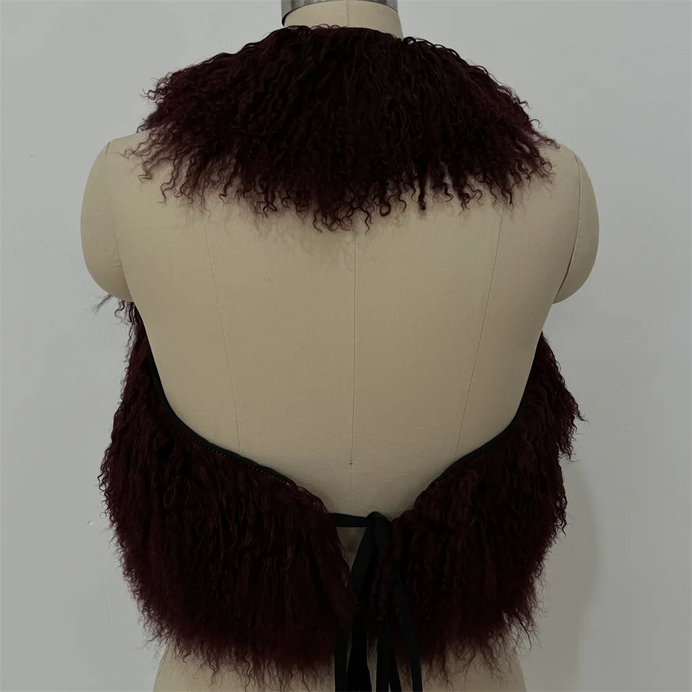 Real Mongolian Fur Halter Vest Women Fluffy Luxury Deep V-Neck Backless Bandage Sleeveless Fur Tops Outerwear Coats New