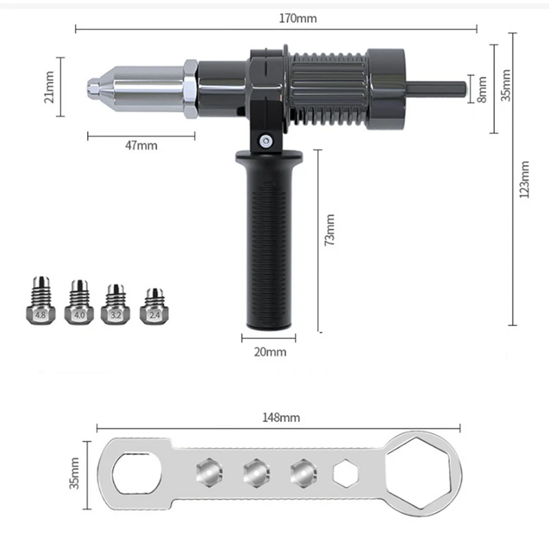 電気リベットマシンアダプター、リベットヘッドドリル、ハンドルレンチリベットツール、直径2.4mm、3.2mm、4.0mm、4.8mm