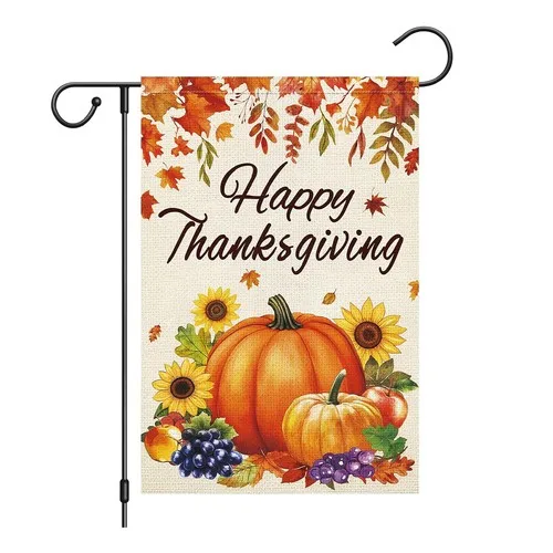 Happy Thanksgiving Pumpkin Garden Flag 12x18 Inch Burlap Sunflower Maple Leaves YYZ