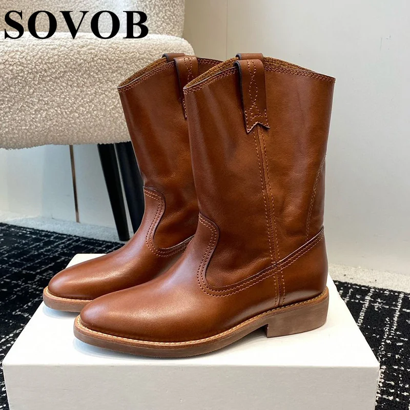 

Spring Autumn Women's British Style Retro Thick Soled Mid Length Boots With Round Toe Genuine Leather Versatile Knight Boots