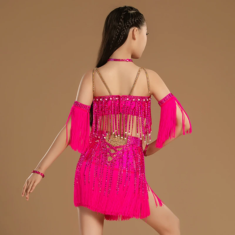 Donne Flash Diamond Nappe Abito Latin Dancewear Bambini Gilrs Spaghetti Strap Backless Lucido Rumba Chacha Costumi di prestazione