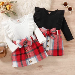 3PCS Autumn New Style 1-4 Year Old Girl Baby, Fashionable Round Collar Black And White Flying Sleeve Top + Red Plaid Skirt