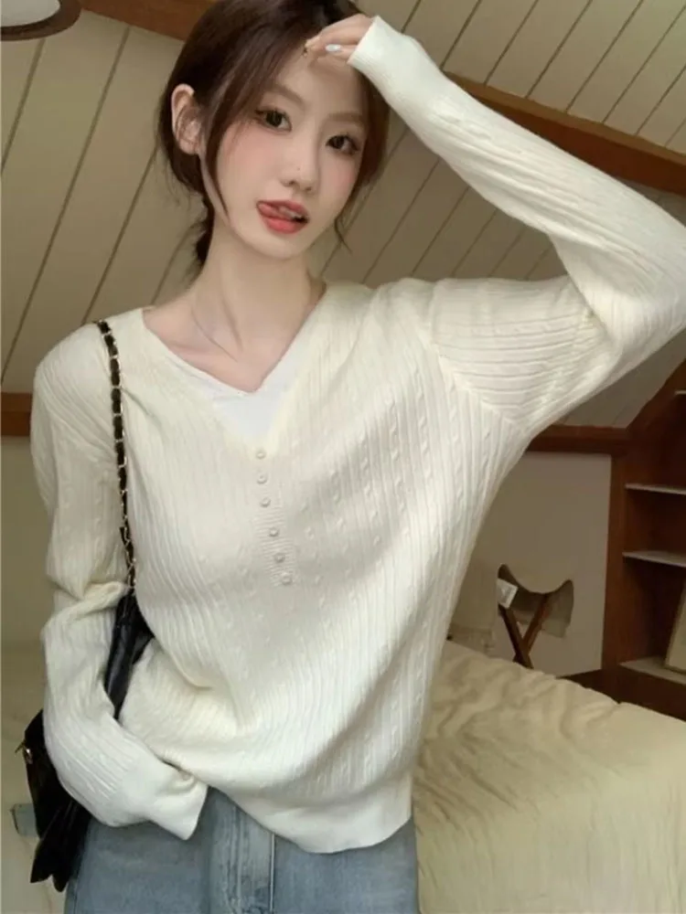 Fashion Simple Pullovers Fake Two Piece V Neck Long Sleeve Solid Color Sweaters Loose All Match Knit Tops Autumn Women Clothing