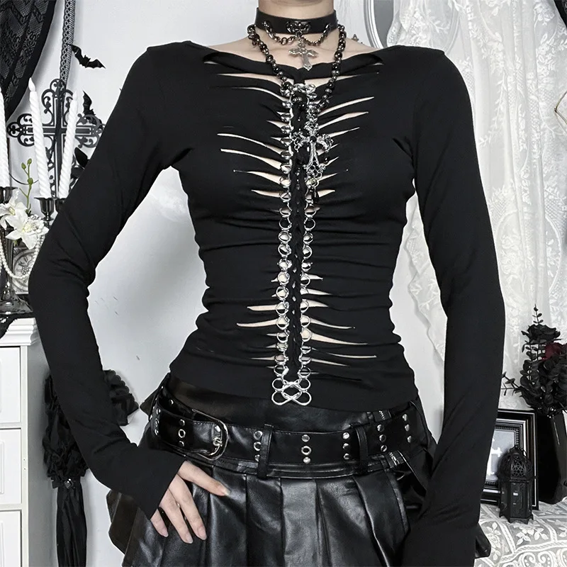

Новинка 2025 года, винтажные сексуальные футболки с длинными рукавами в стиле темного панка, готические тонкие топы, женские повседневные однотонные футболки, уличная одежда, украшенные Y2K