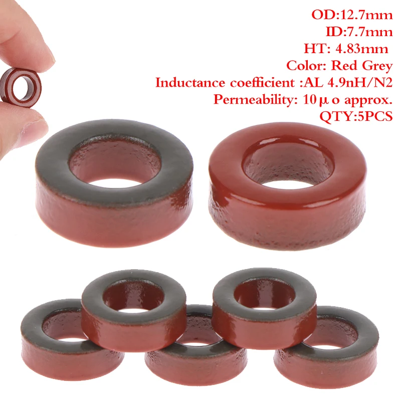 5pcs/set T50-2 Carbonyl Iron Powder Cores T50-2 13*7.5*5 Mm 4.9nH/N2 Dust Ferrite Toroid Red Core Magnetic Ring