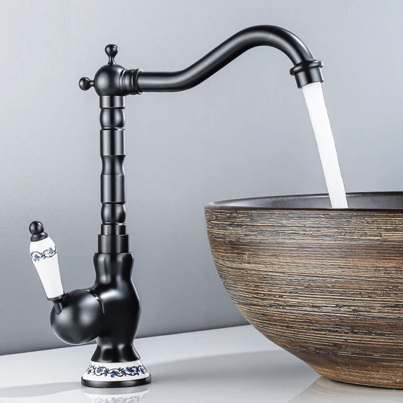 

Black Brass 360° Rotatable Ceramic Lever Vessel Sink Mixer Tap for Bathroom Kitchen Hot Cold Water Retro Single Hole Faucet