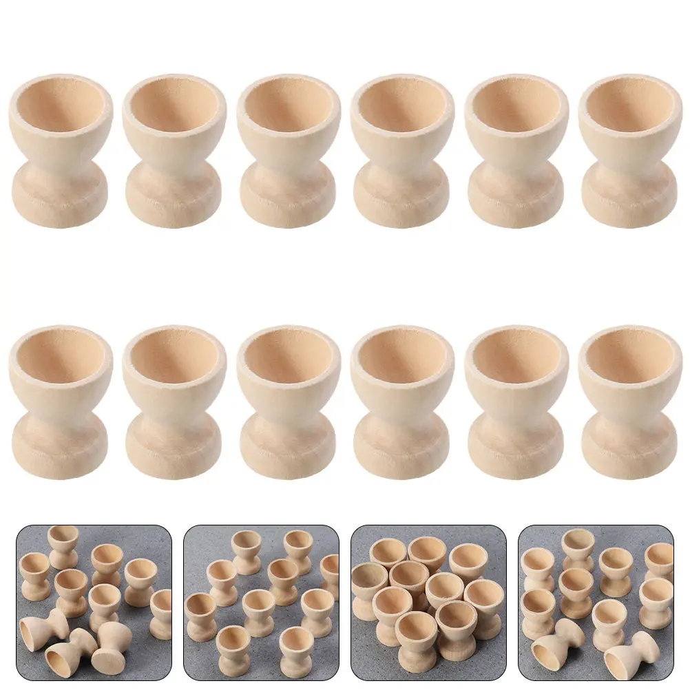 12Pcs Wooden Hand-Painted Egg Holder DIY Egg Cup Storage Stackable Cartoon Kitchen Easter Craft DIY Toy Hand-Made Toy
