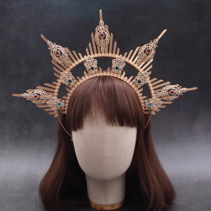 Sun Goddess Angel KC Halo Crown Headpiece Gold Queen Anna Baroque Pearl Tiara Headband Lolita Collection Gothic Accessories