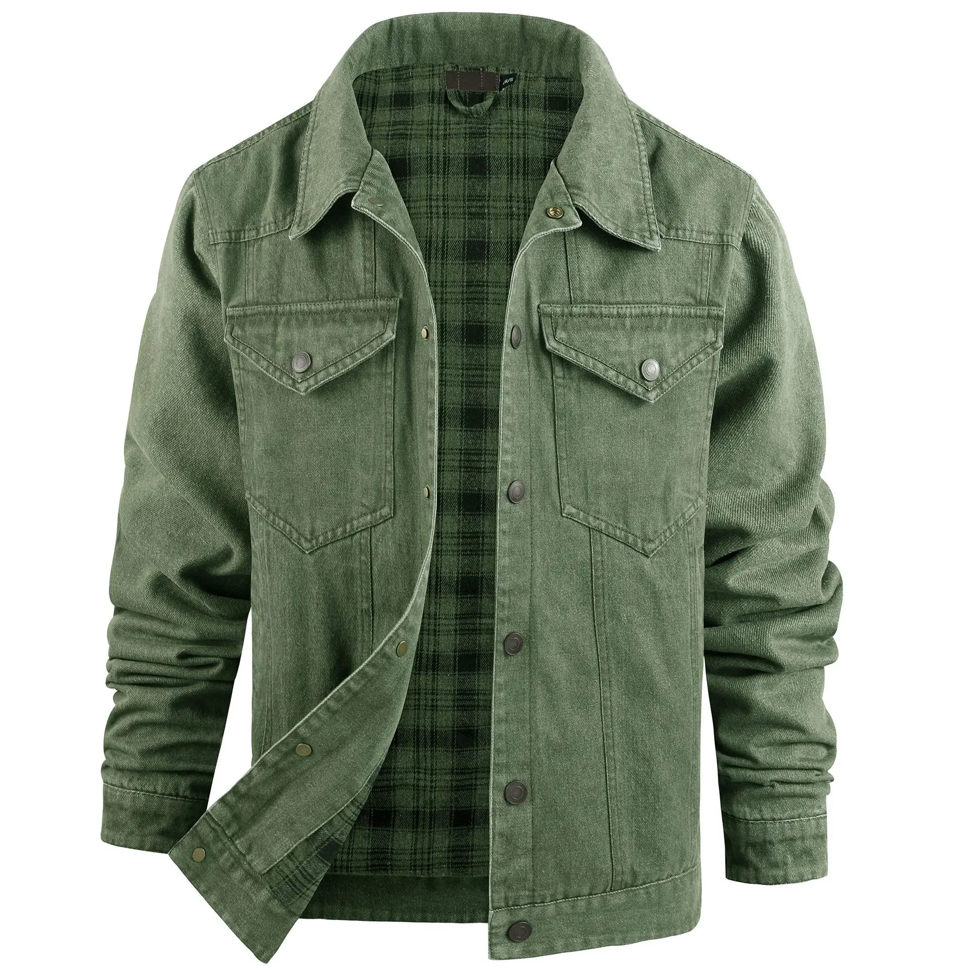 Men's Plaid Flannel Casual Coat Denim Jacket