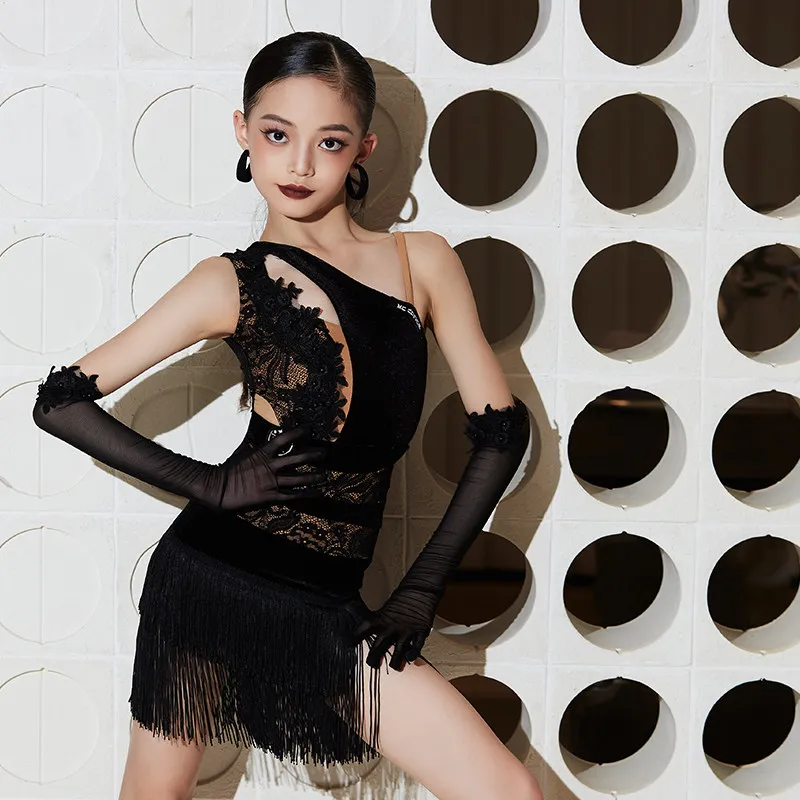Advanced New Style Latin Dance Dress Girl Professional Training Dress Gauze Solid Color Ballroom Dance Irregular Fringe Costume