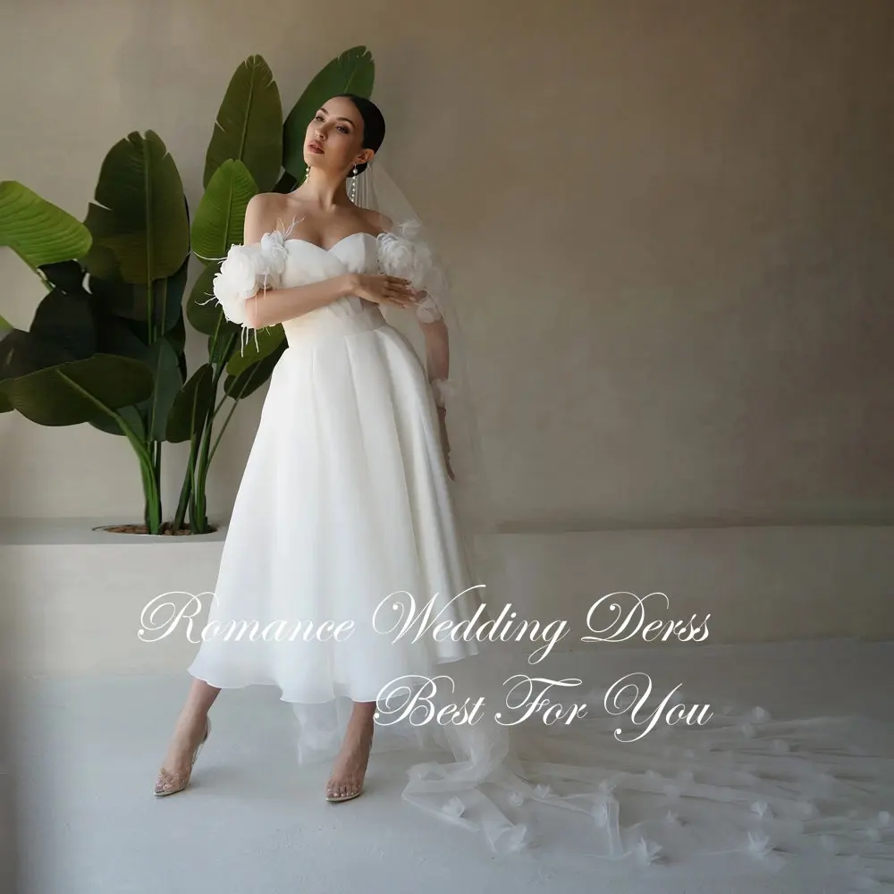 Princess Pleat Sweetheart Flowers A-Line Wedding Dress Women Off The Shoulder Backless Bridal Gown Vestidos De Novia Customized image 3