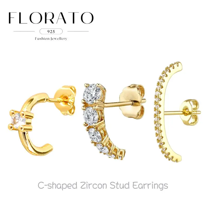

925 Sterling Silver Ear Needle Round Zircon C-shaped Stud Earrings For Women Simple High-end Earrings Fashion Party Jewelry