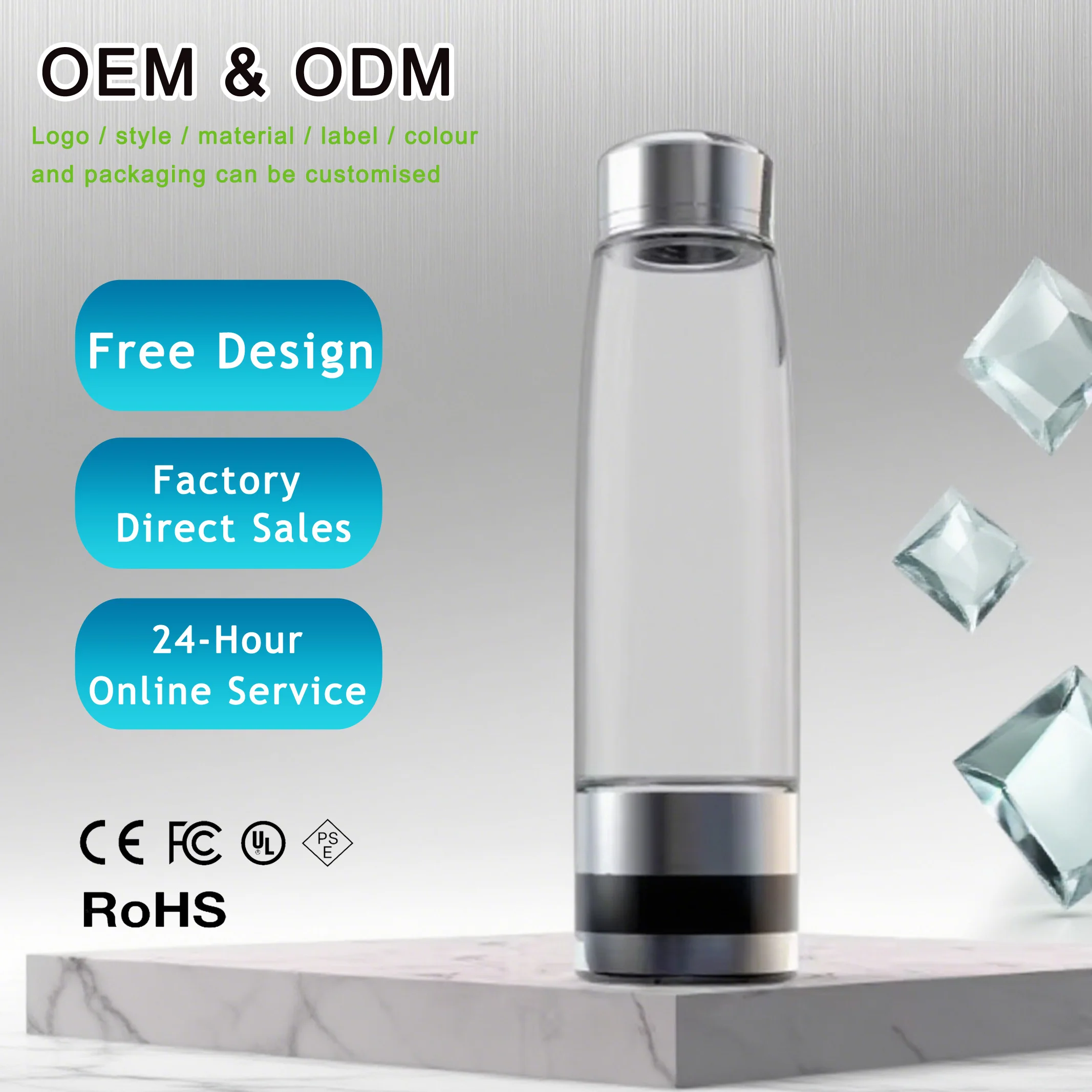 

OEM ODM Индивидуальная технология PEM/SPE 5-го поколения, богатая водородом чашка для воды, бутылка для разделения водорода с высокой концентрацией