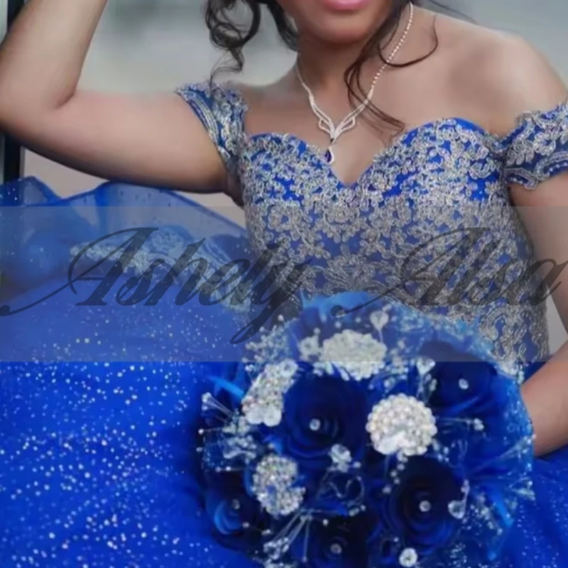 A1514 luxe mexicain bleu femmes robe de fête d'anniversaire Cap manches dentelle Applique robe de bal bal Quinceanera 15 16 14 nouveau personnalisé