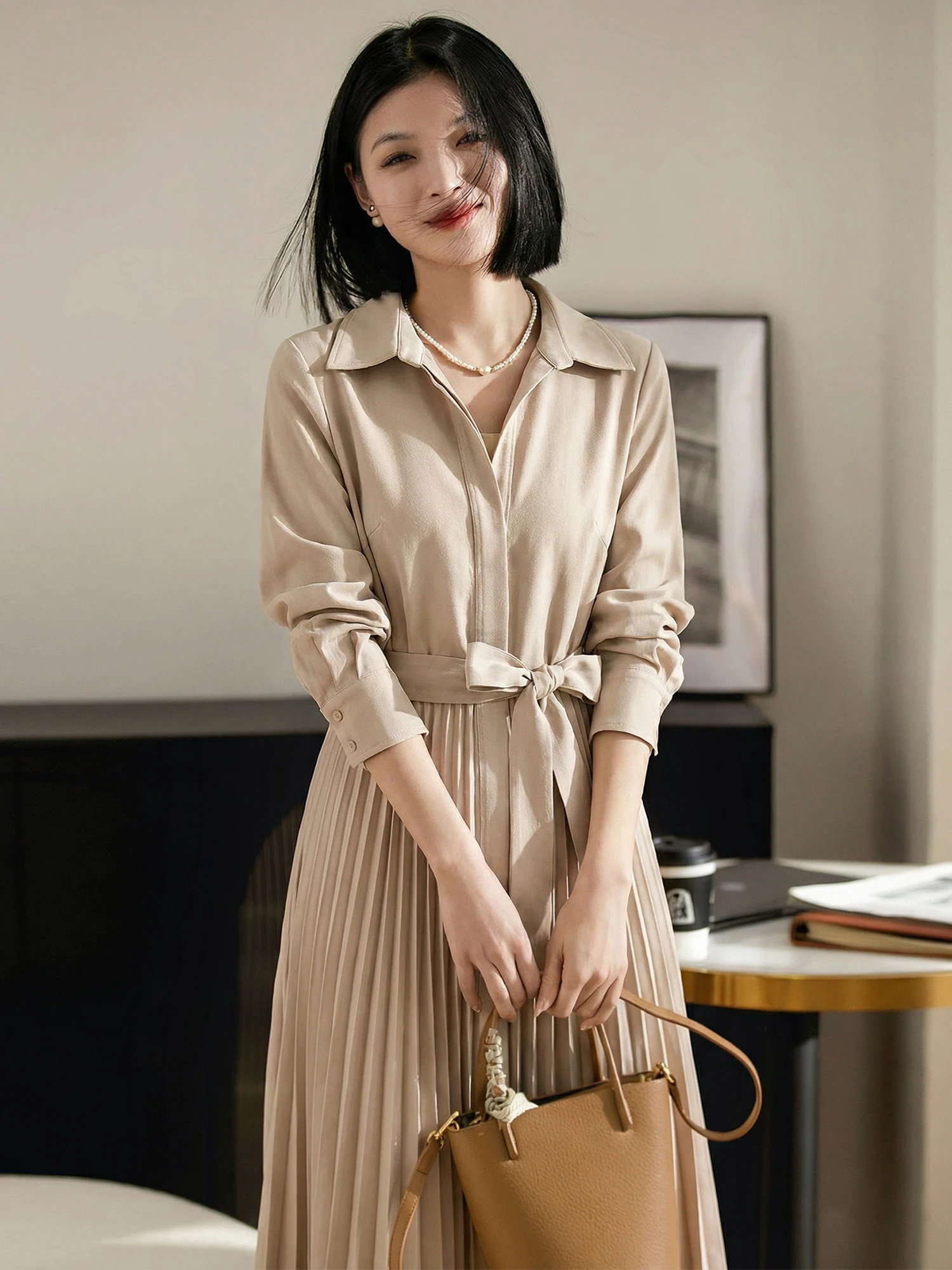 

Ele Commuter Sle irt Dr Women's Spring Waist Cinched A-Line Skirt Godd Lightweight Breathable Long Sve Butto...