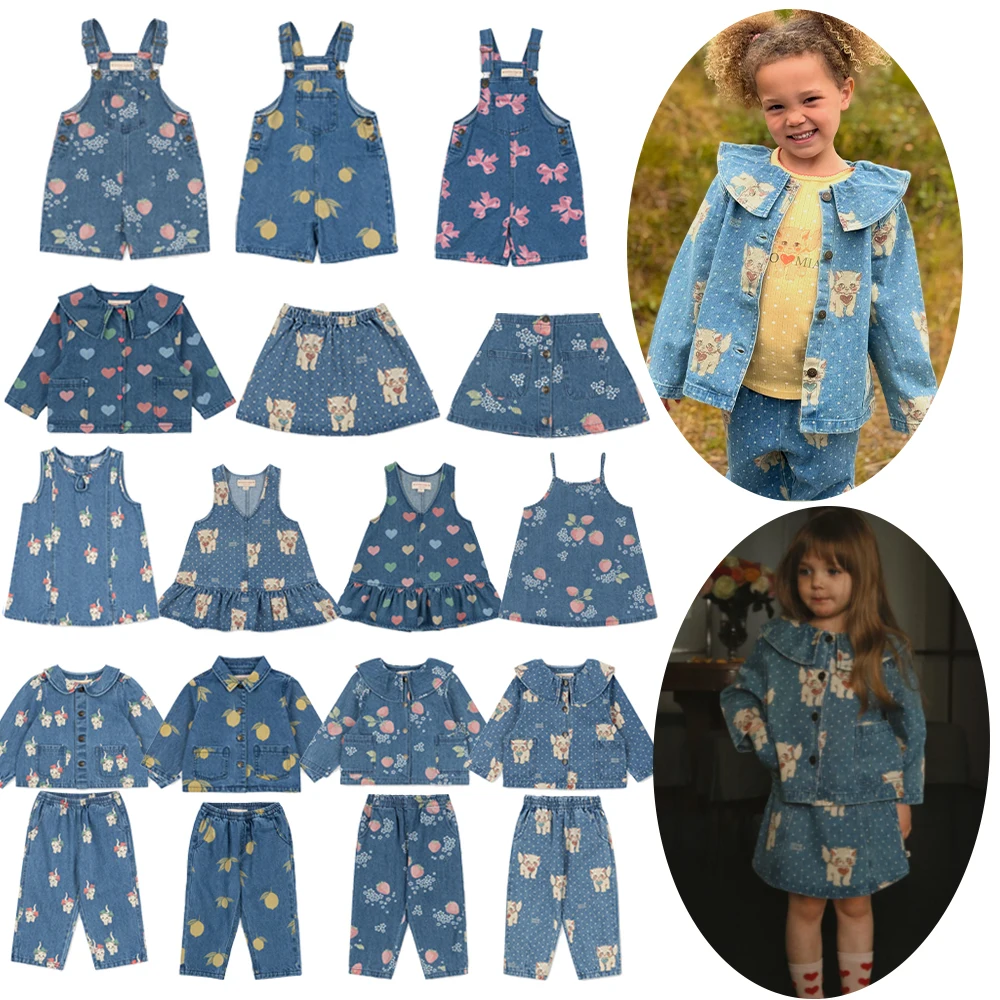 KS 2026 Autumn Summer Kids Denim Clothes Set Jackets Jeans Dresses Skirt Suits Lemon Peaches Bow Print Toddler Girls Boys Causal