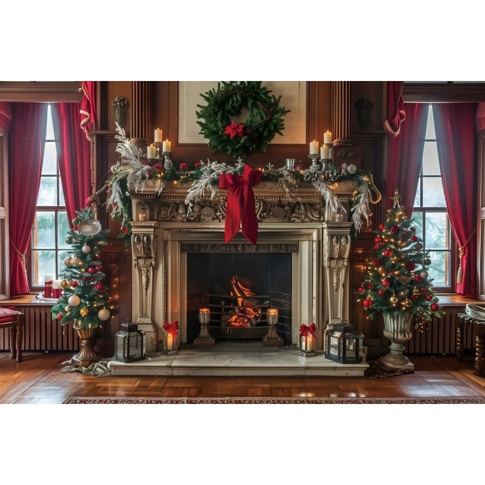 Christmas Photography Backdrop Xmas Tree Fireplace Winter Window Gift Santa Claus Child Birthday Portrait Photo Background Decor