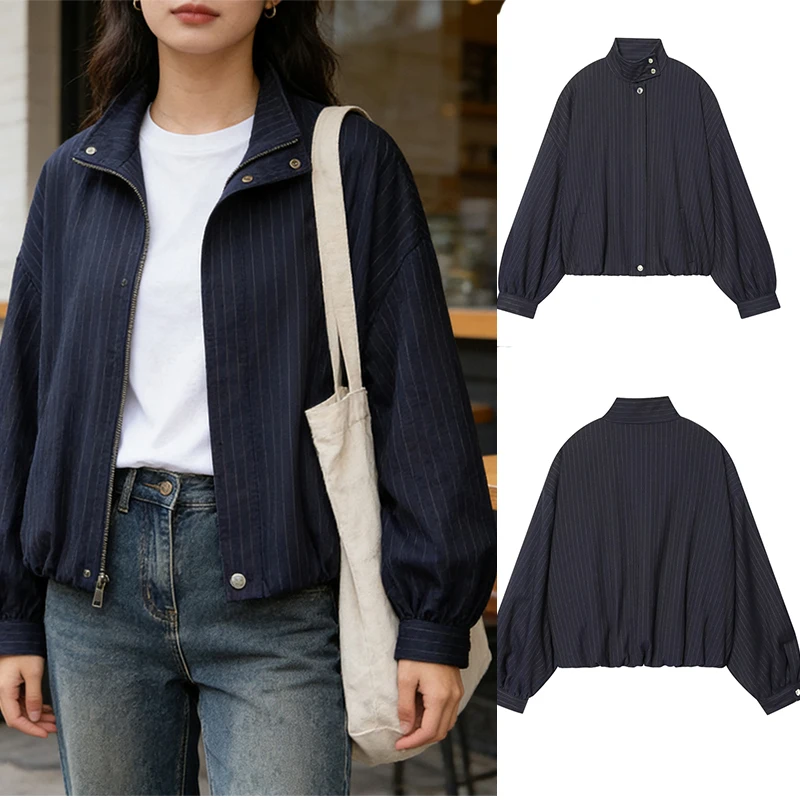 

Women's Navy Pinstripe Bomber Jacket, Stand Collar Lantern Sleeve Loose Fit Outerwear