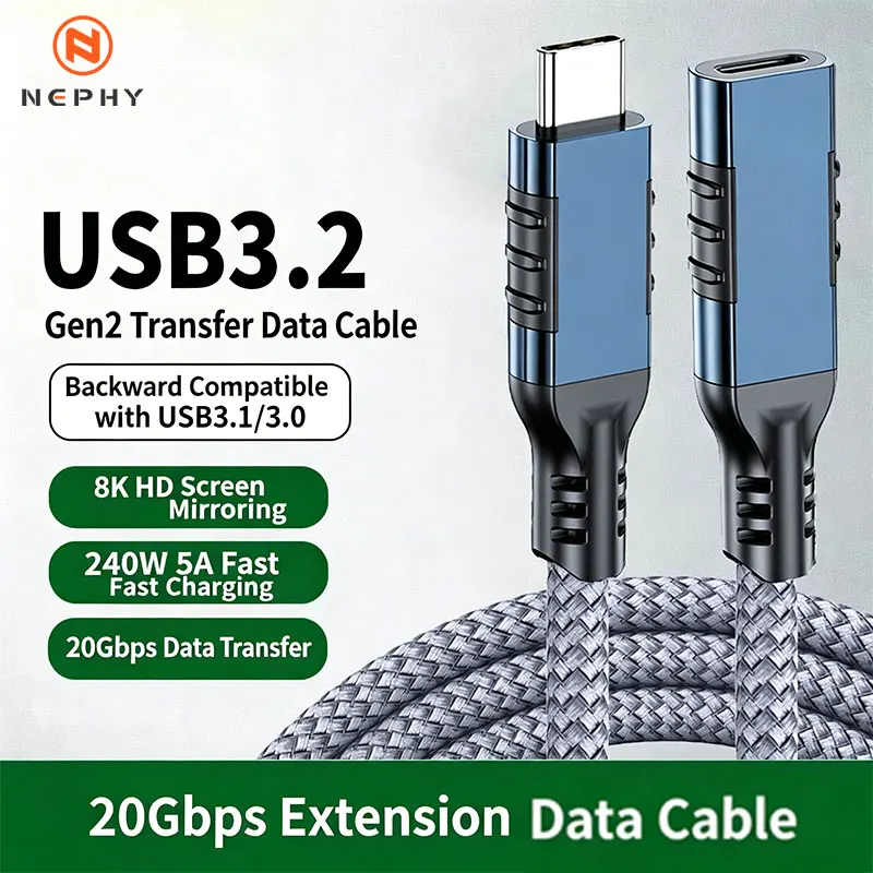 USB3.2 Extension Cable Type C Extender Cord 2M 3M 5M USB3.2 Gen2.2 20Gbps 240W USB C Male to Female Cable for MacBook Pro Switch