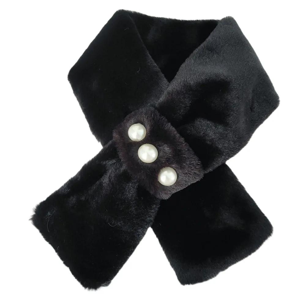 

Fashion Solid Color Plush Cross Scarf Winter Warmer Comfortable Neck Scarf Imitation Pearl Plush Collar For Women Girls