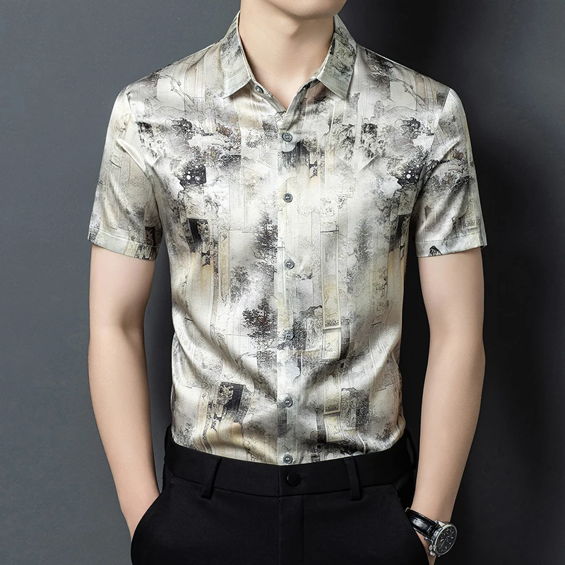 Luxurious Print Lightweight Shirts For Men Short Sleeve Coolness Summer Quality Silk 92.5%,Elastane 7.5% Satin Camisas De Hombre