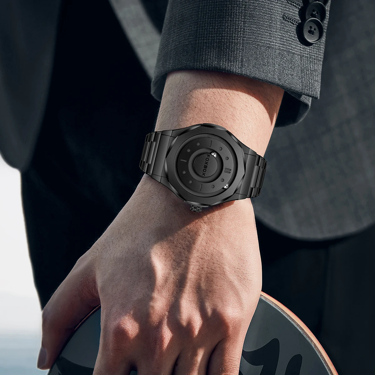 فوكس بوكس ساعات رجالية الفولاذ المقاوم للصدأ ساعة كوارتز مؤشر التمرير الإبداعي قوة مغناطيسية ساعة المعصم Relogios Masculino + صندوق #5