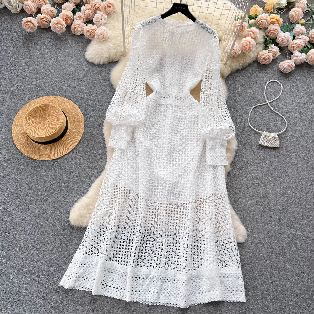 White Lace Prom Dress Wedding For Women 2023 Summer Autumn Hollow Out Long Sleeve Evening Party Holiday Vacation Fashion Dresses