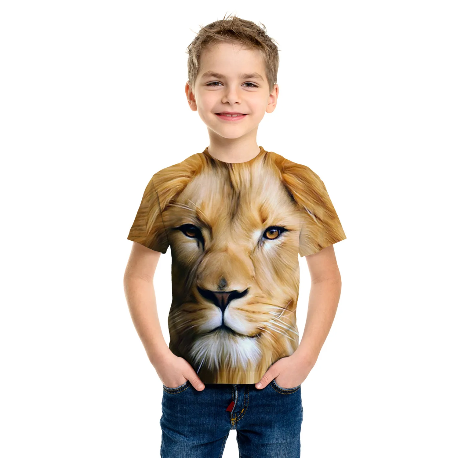 Camiseta elástica con patrón de León para niños, camisa transpirable, cómoda, para actividades al aire libre, ropa informal