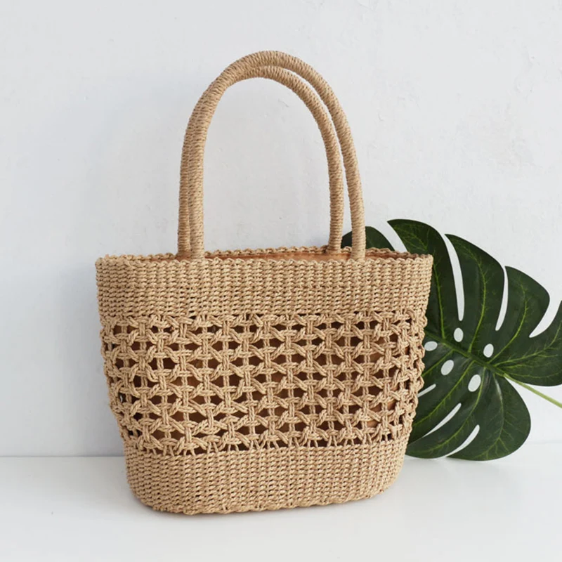 Women's Straw Handbags Large Summer Beach Tote Woven Round Bottom Handle Purse Shoulder Bag Vocation Handbag K5DA