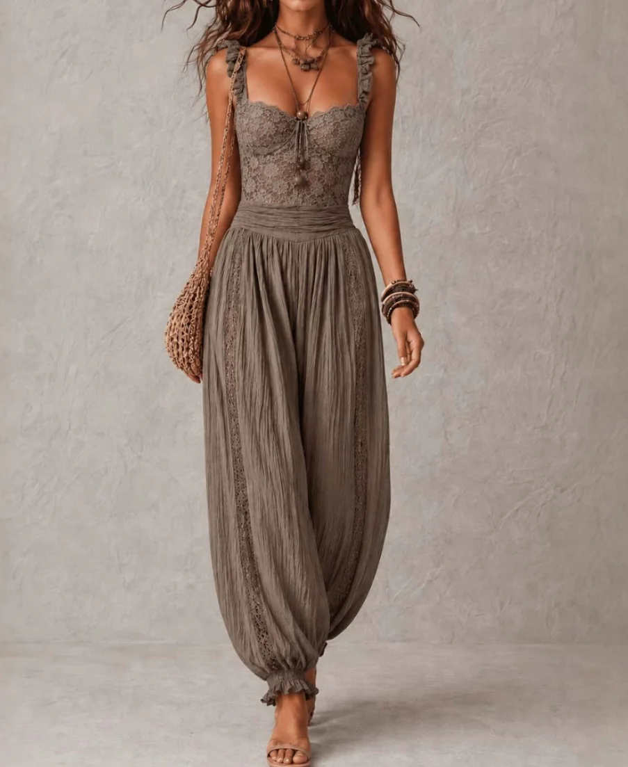 Harem Jumpsuit Women Long Harem Pants Boho Lace Bodice Ruffle Strap High Waist Vacation Outfit 2026 New Collection