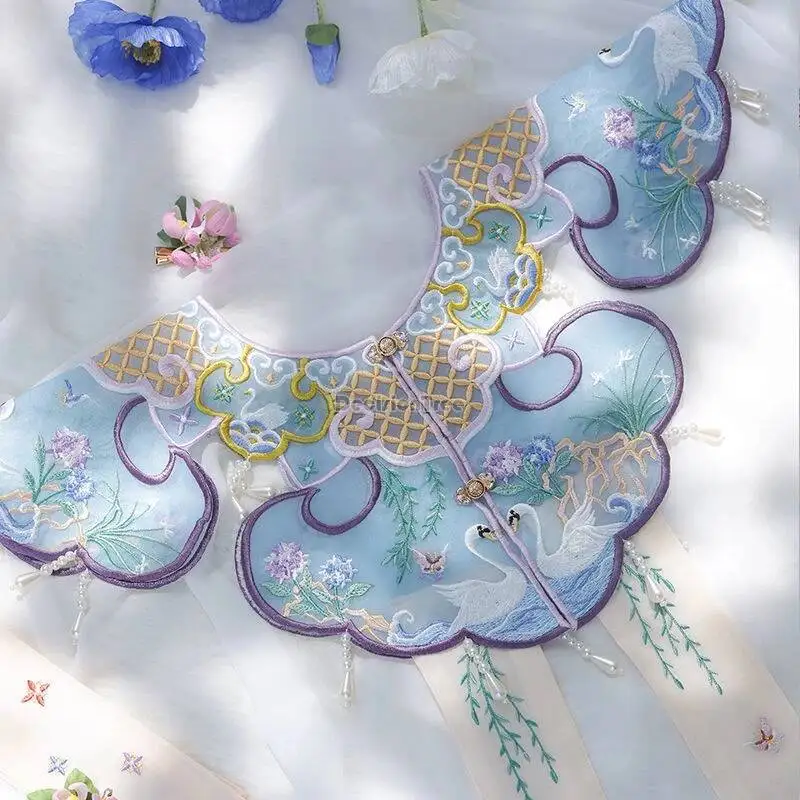 

2025 chinese improved ming dynasty style cloud shoulder hanfu with embroidered pearl shawls and flower-embroidered accessories