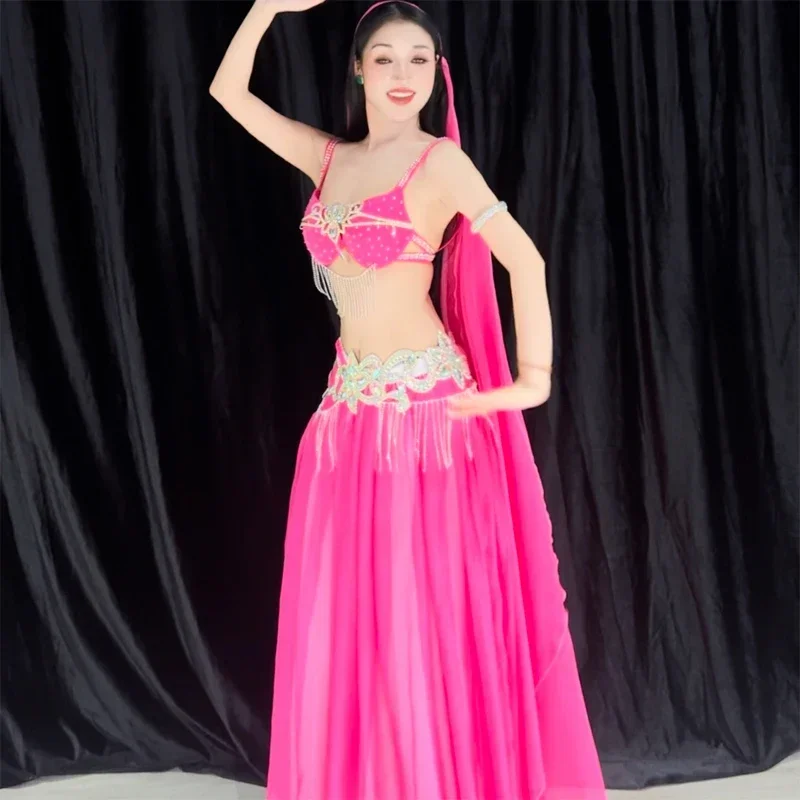 

Belly Dance Costume Senior AB Stones Bra Top And Yarn Long Skirt Custom Sized For Women Oriental Belly Dancing Performance Suit