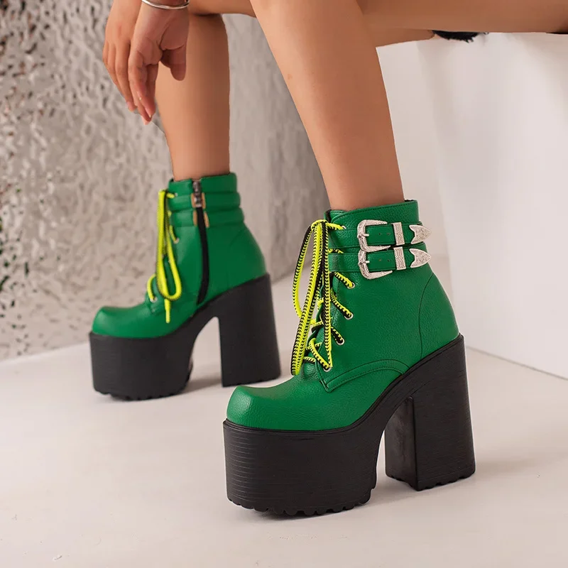

YMECHIC 2025 Winter Double Row Belt Buckle Punk Ankle Boots Green Thick High Waterproof Platform Heel Lace-Up Zipper Women Shoes
