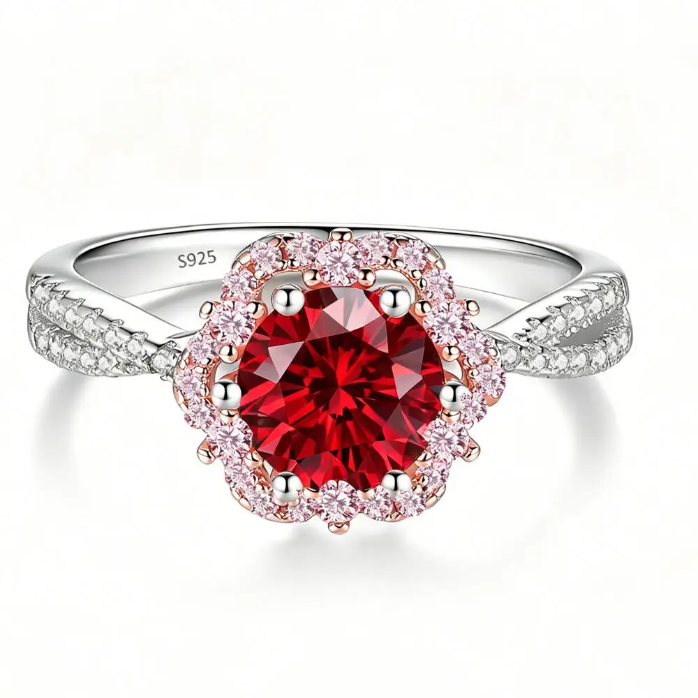 925 Sterling Silber Blumen-Doppelhalo-Twistband-Ring Mehrfarbiger D VVS1 Moissanit Verlobungs-Hochzeits-Party-Geschenk Feiner Schmuck – Detail 2