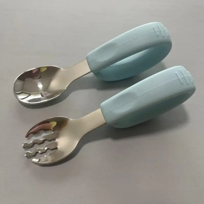 

1 Set Stainless Steel Spoon and Fork For Baby Eating Training Cutlery Silicone Handle Baby Feeding Tableware with Storage Box