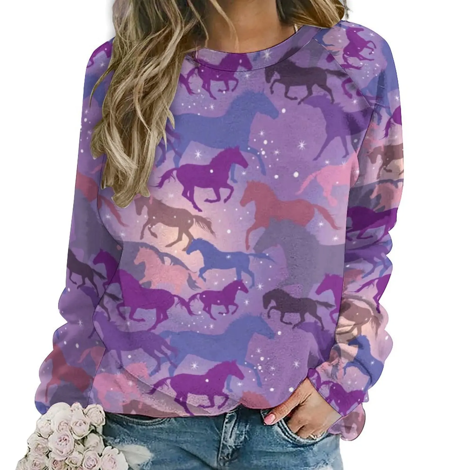 Flare Horse Hoodies Women Long-Sleeve Wild Horses Riding On Purple Trendy Casual Hoodie Hot Sale Street Oversized Sweatshirts