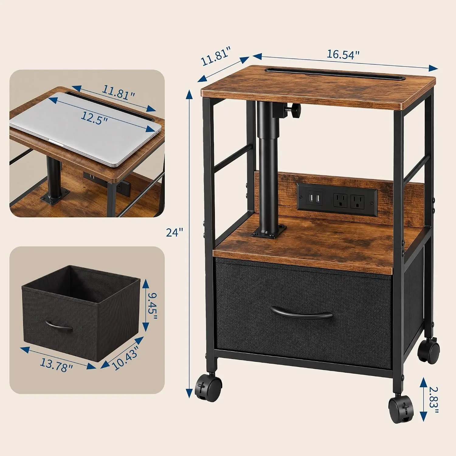 Swivel Lift Top Nightstand with Charging Station, Bedside Table with Fabric Drawer, USB & AC Outlets, 360° Rotating Top, Rolling Wheels for Easy Mobility, Space-Saving Storage for Bedroom, Living Room, Dorm
